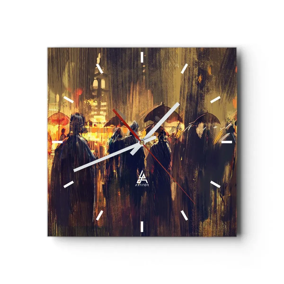 Zegar ścienny - Postacie z parasolami w deszczowym mieście nocą - 30x30cm - Wyznawcy deszczu - Nowoczesna dekoracja ścienna do salonu i sypialni ARTTOR