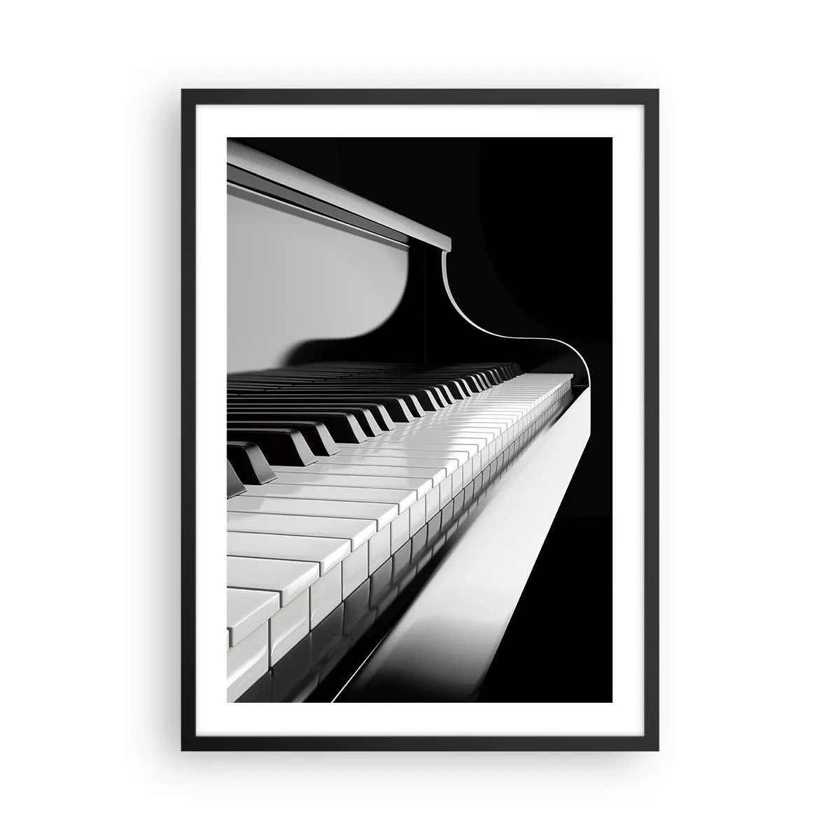 Plakat w czarnej ramie - Czarno-białe zbliżenie na klawiaturę fortepianu - 50x70cm - Harmonia kształtów i barw - Nowoczesna dekoracja ścienna do salonu i sypialni ARTTOR