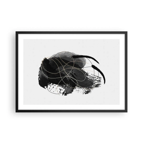 Plakat w czarnej ramie - Abstrakcja w czerni i złocie na białym tle - 70x50cm - Wysnute z czerni - Nowoczesna dekoracja ścienna do salonu i sypialni ARTTOR