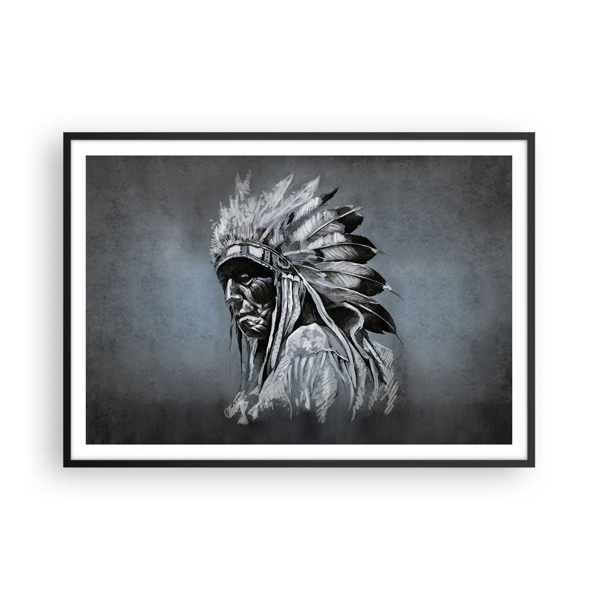 Plakat w czarnej ramie - Portret wodza indiańskiego w tradycyjnym pióropuszu - 100x70cm - Powrót do korzeni - Nowoczesna dekoracja ścienna do salonu i sypialni ARTTOR