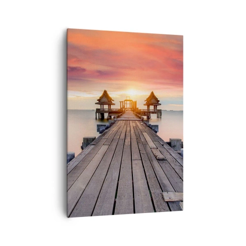 Obraz na płótnie - Drewniane molo prowadzące do altanek o zachodzie słońca - 70x100cm - Zachód na wschodzie - Nowoczesna dekoracja ścienna do salonu i sypialni ARTTOR