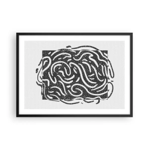 Plakat w czarnej ramie - Czarno-biała abstrakcja w geometrycznym stylu - 70x50cm - Abstrakcja: taniec radości - Nowoczesna dekoracja ścienna do salonu i sypialni ARTTOR
