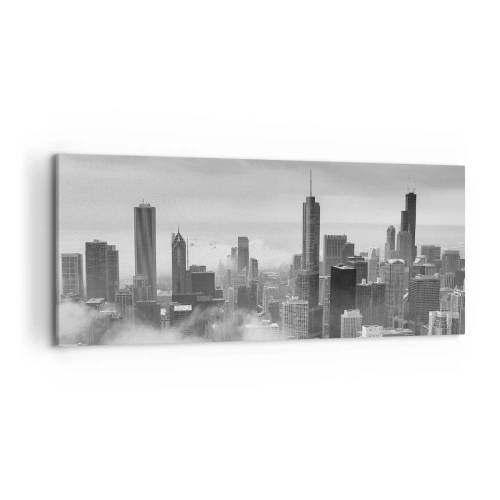 Obraz na płótnie - Panorama miasta z wieżowcami w chmurach w czerni i bieli - 120x50cm - Pejzaż amerykański - Nowoczesna dekoracja ścienna do salonu i sypialni ARTTOR