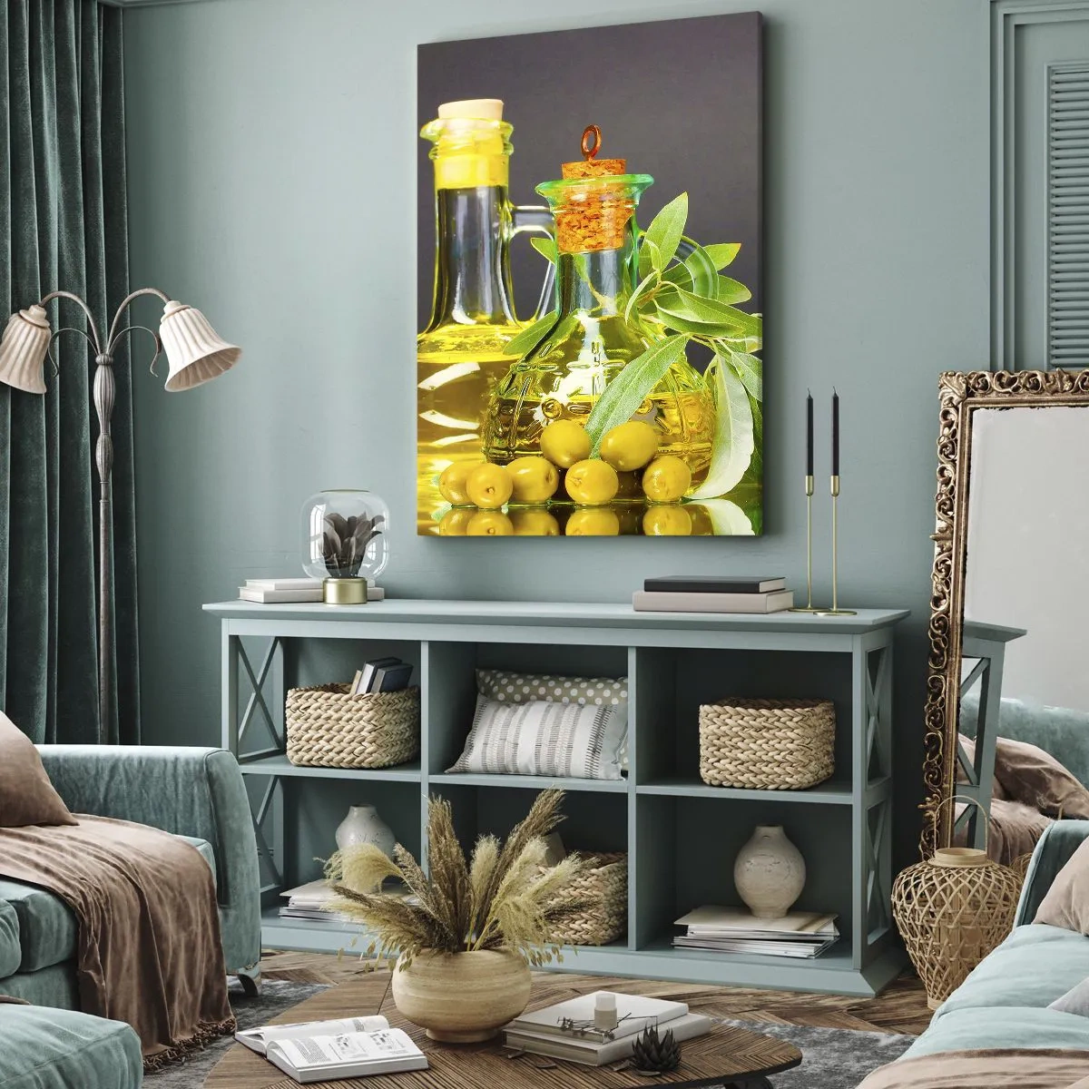 Obraz na płótnie - Martwa natura z oliwkami i oliwą - 65x120 cm