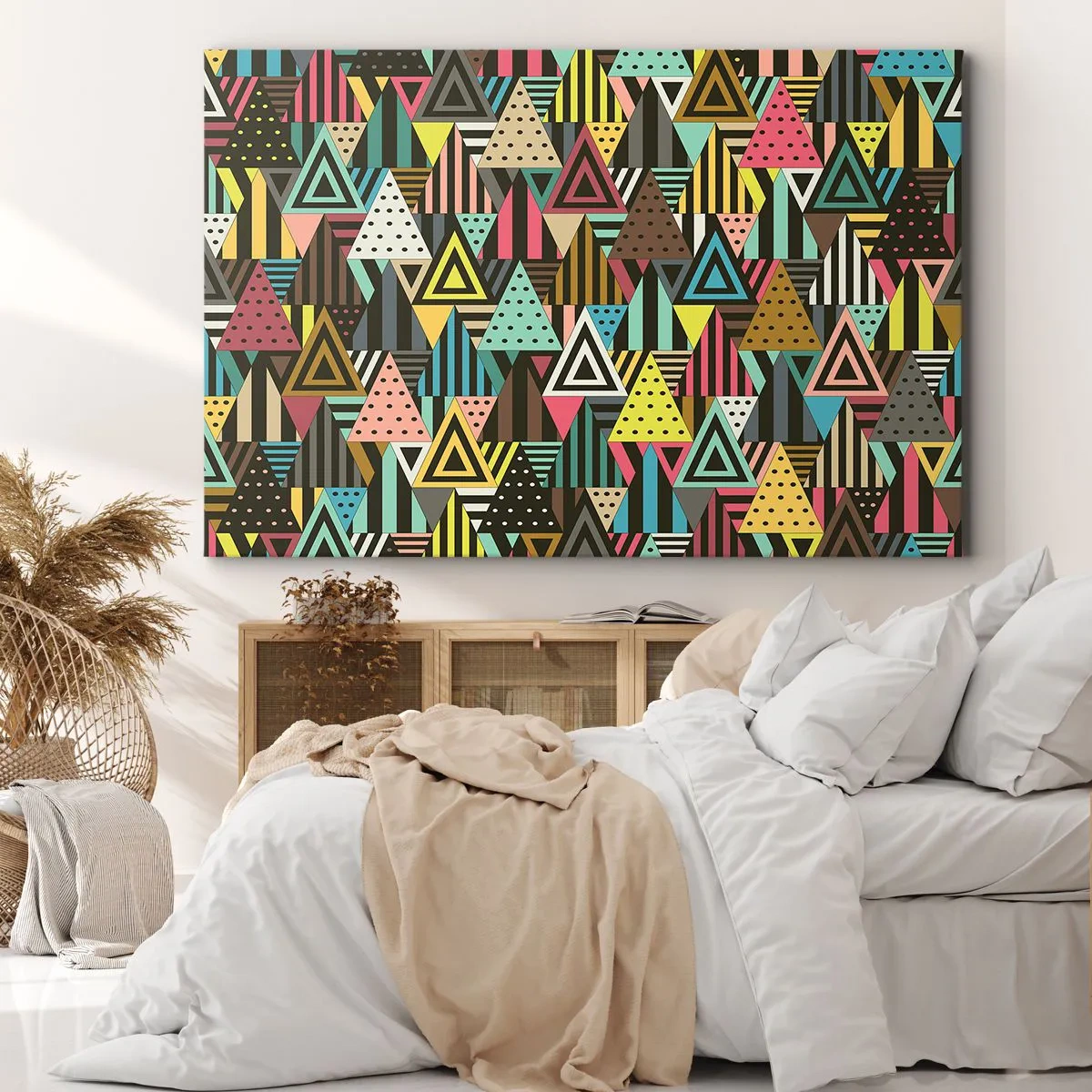 Obraz na płótnie - Kolorowy wzór geometryczny z trójkątami i liniami - 70x50cm - W rytmie na trzy - Nowoczesna dekoracja ścienna do salonu i sypialni ARTTOR