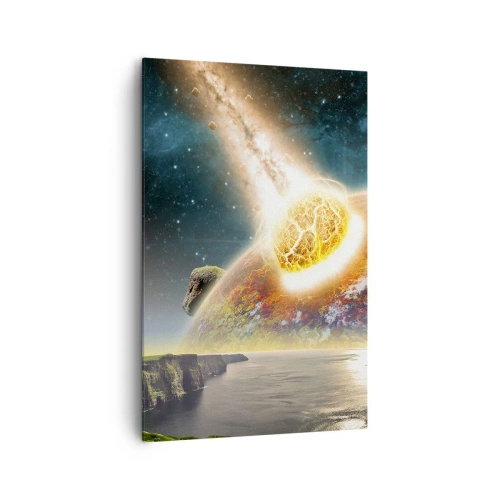Obraz na płótnie - Zderzenie meteorytu z planetą w kosmicznym krajobrazie - 80x120cm - Kosmiczny dramat - Nowoczesna dekoracja ścienna do salonu i sypialni ARTTOR
