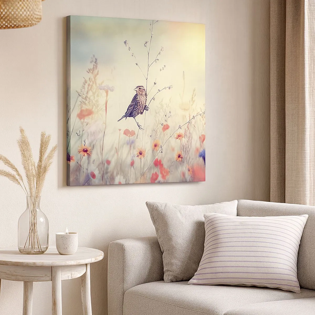 Obraz na płótnie - Ptasi portret z łąką w tle - 30x30 cm