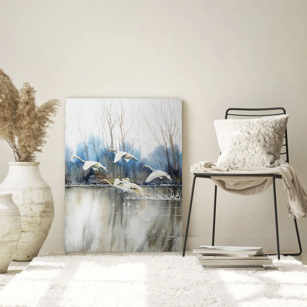 Obraz na szkle - Dziko lecące łabędzie nad spokojnym leśnym jeziorem - 50x70cm - Jak w baśni o dzikich łabędziach - Nowoczesna dekoracja ścienna do salonu, kuchni i sypialni ARTTOR