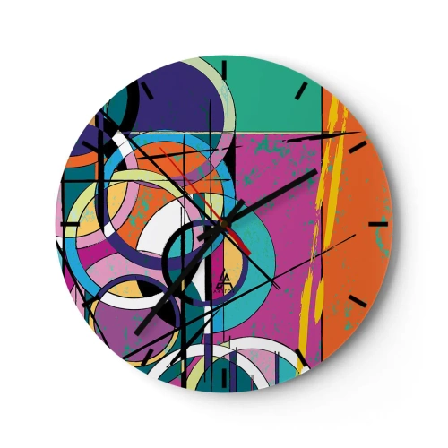 Zegar ścienny - Tarcza zegara z abstrakcyjnym, geometrycznym motywem w żywych kolorach - 30x30cm - Koło za kołem - Nowoczesna dekoracja ścienna do salonu, kuchni i sypialni ARTTOR