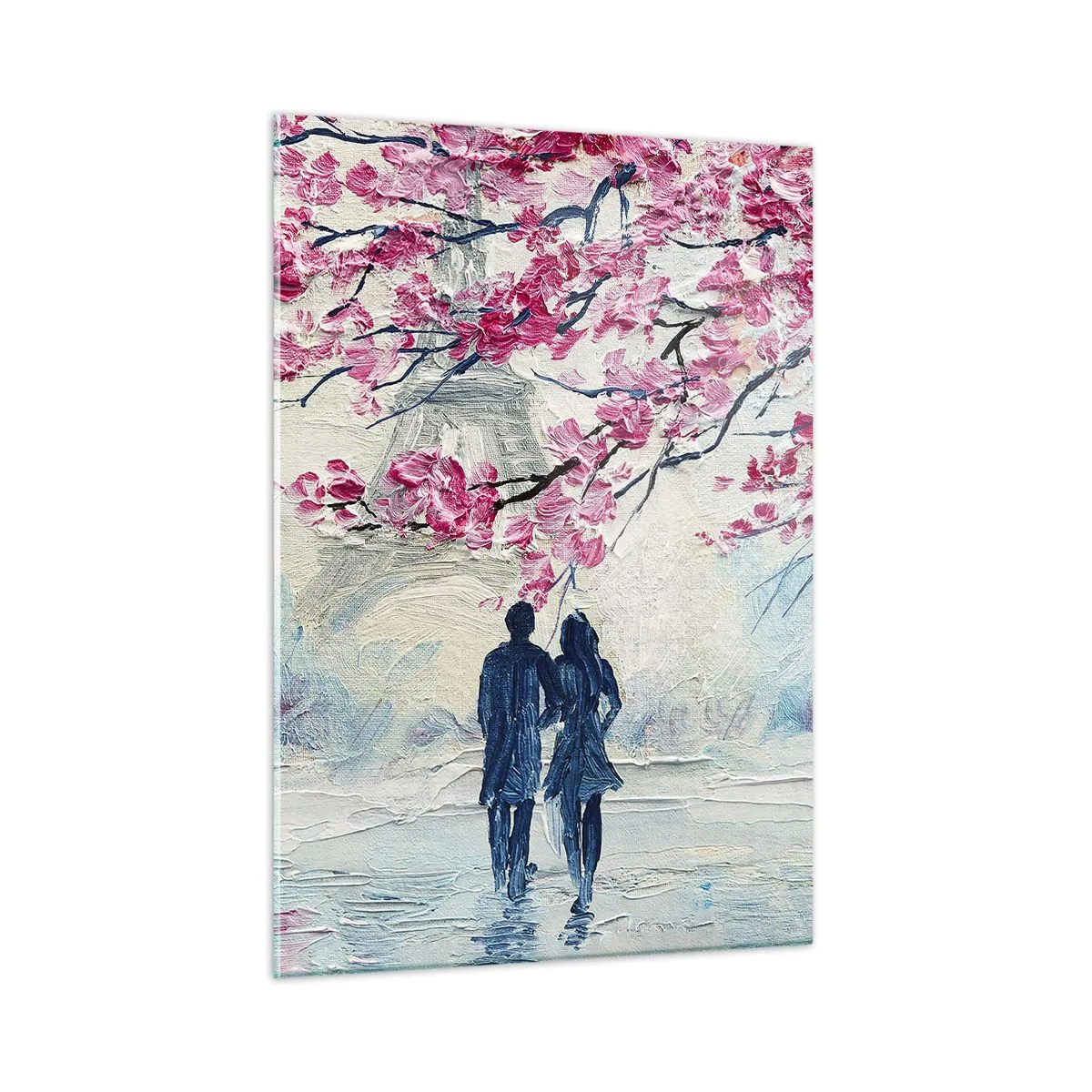 Obraz na szkle - Para spacerująca pod kwitnącymi drzewami - 50x70cm - Romantyczny spacer - Nowoczesna dekoracja ścienna do salonu, kuchni i sypialni ARTTOR