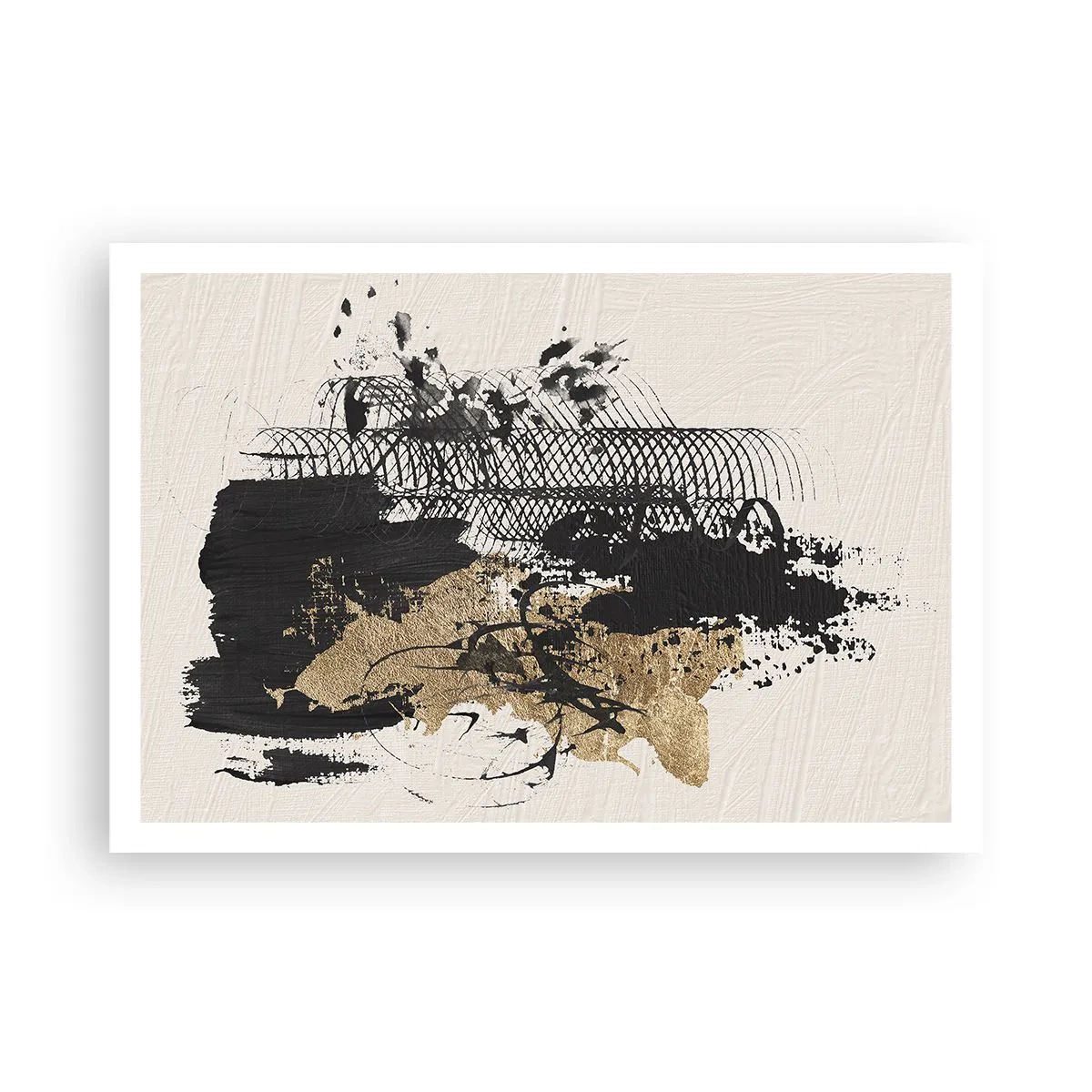 Plakat - Abstrakcyjny obraz w czerni i złocie z dynamicznymi liniami i strukturami - 100x70cm - Kompozycja z pasją - Nowoczesna dekoracja ścienna do salonu i sypialni ARTTOR