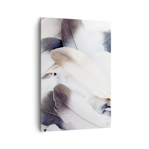 Obraz na płótnie - Zbliżenie na delikatne pióra w odcieniach bieli i szarości - 70x100cm - Niemal anielskie - Nowoczesna dekoracja ścienna do salonu i sypialni ARTTOR