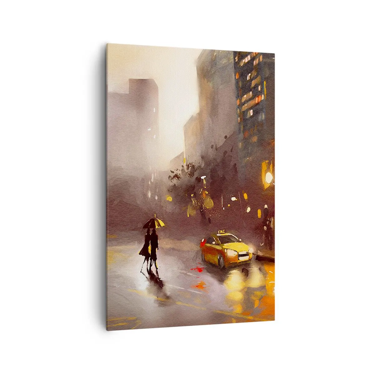 Obraz na płótnie - Miejska scena nocą w świetle latarni i refleksach na mokrej ulicy - 80x120cm - W światłach Nowego Jorku - Nowoczesna dekoracja ścienna do salonu i sypialni ARTTOR