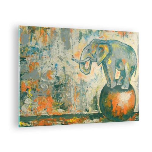 Obraz na szkle - Abstrakcyjny słoń balansujący na kuli - 70x50cm - Niech żyje cyrk! - Nowoczesna dekoracja ścienna do salonu i sypialni ARTTOR