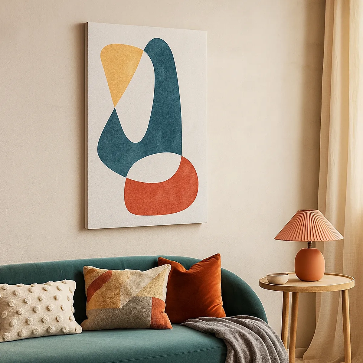 Obraz na płótnie - Minimalistyczna kompozycja abstrakcyjnych kształtów w odcieniach niebieskiego, czerwieni i beżu - 50x70cm - Wpływy i metamorfozy - Nowoczesna dekoracja ścienna do salonu, kuchni i sypialni ARTTOR