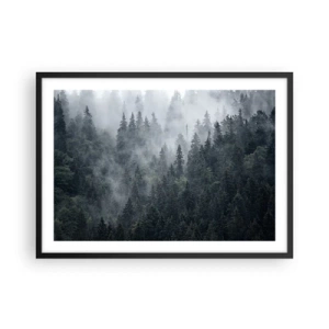 Plakat w czarnej ramie - Mglisty las iglasty w tonacji szarości i zieleni - 70x50cm - Leśny świt - Nowoczesna dekoracja ścienna do salonu i sypialni ARTTOR