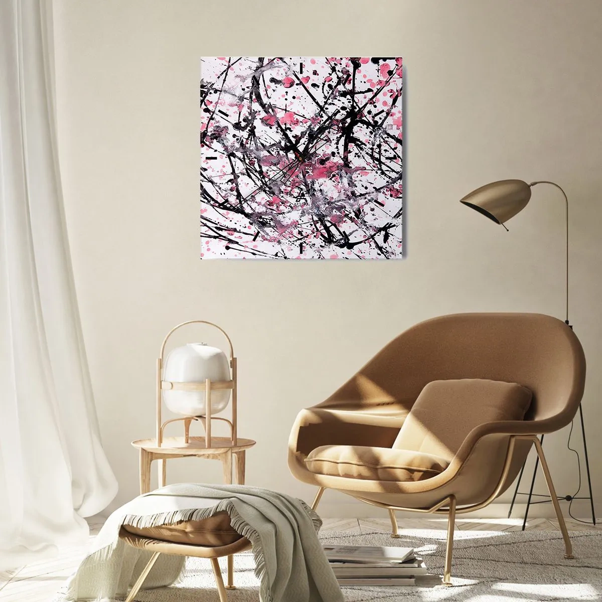 Zegar ścienny - Abstrakcyjny wzór w odcieniach różu, czerni i bieli - 30x30cm - Ulotna natura życia - Nowoczesna dekoracja ścienna do salonu i sypialni ARTTOR