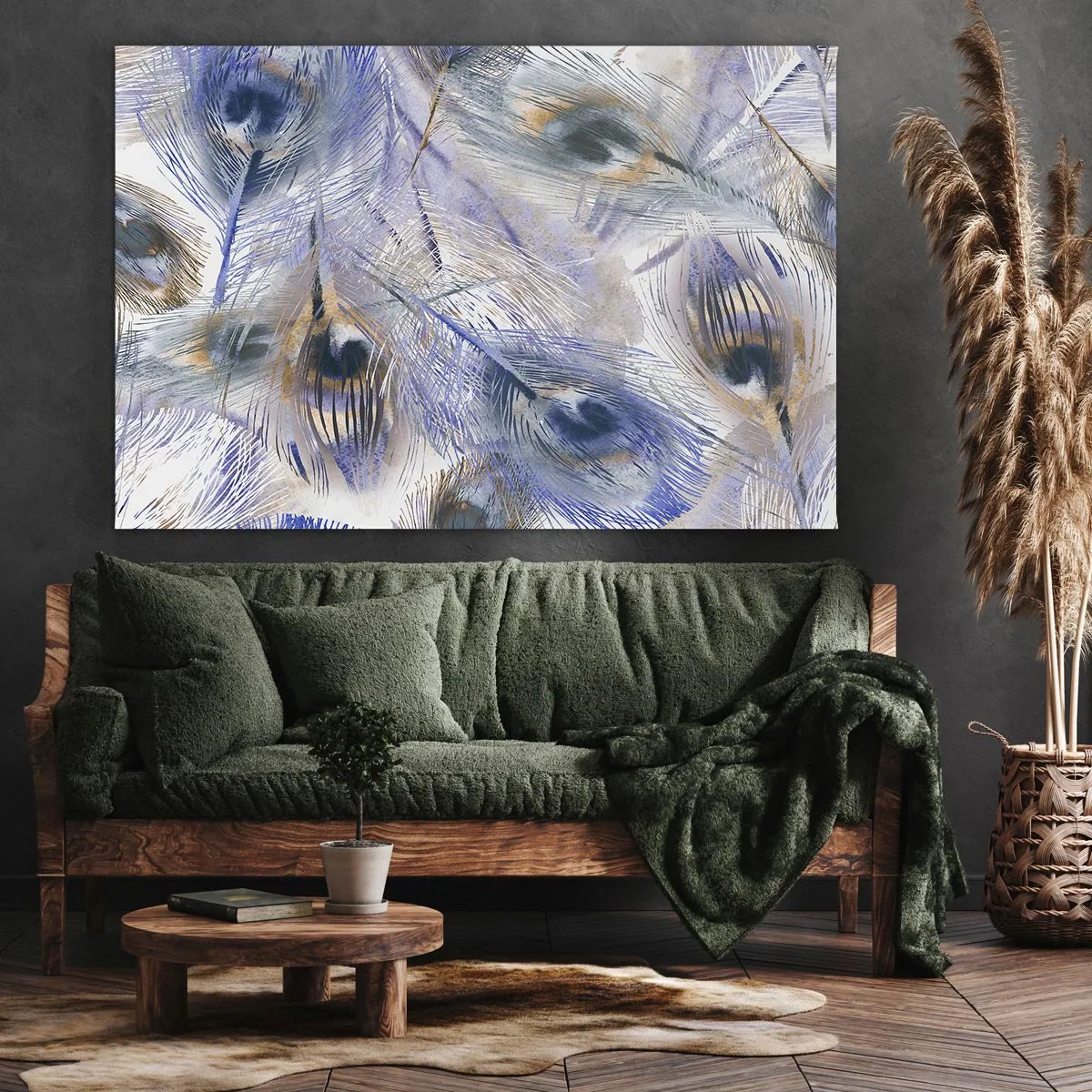 Obraz na płótnie - Wzór z piórami pawia w odcieniach błękitu i złota - 120x80cm - Pawiooka kompozycja - Nowoczesna dekoracja ścienna do salonu, kuchni i sypialni ARTTOR