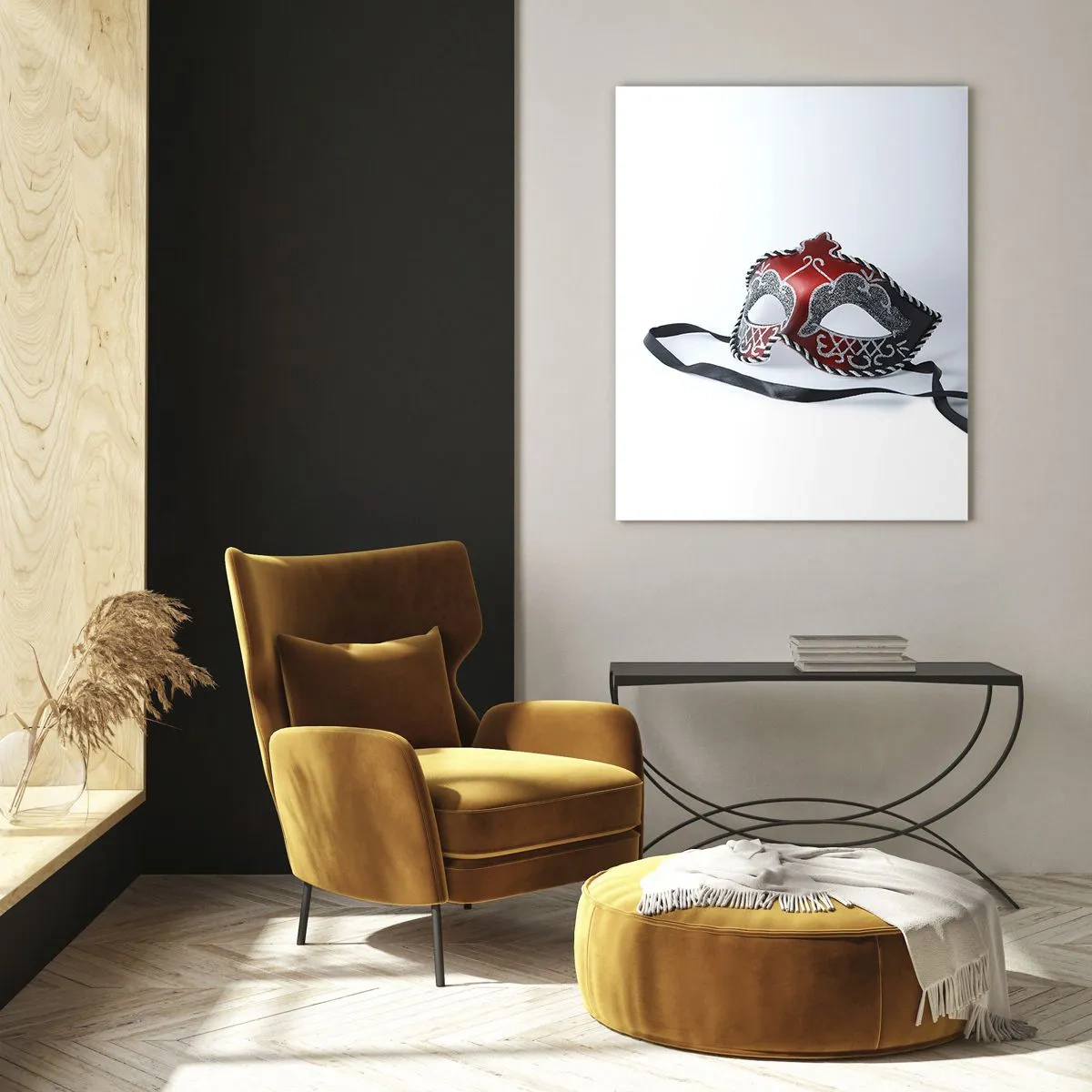 Obraz na szkle - Maska karnawałowa w czerwieni i srebrze - 50x70cm - Zaproszenie na bal - Nowoczesna dekoracja ścienna do salonu, kuchni i sypialni ARTTOR