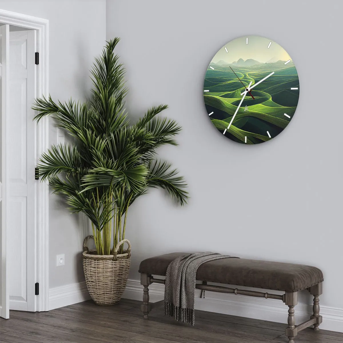 Zegar ścienny - Zielone doliny i pagórki w artystycznym ujęciu pejzażowym - 30x30cm - W zielonych dolinach - Nowoczesna dekoracja ścienna do salonu, kuchni i sypialni ARTTOR