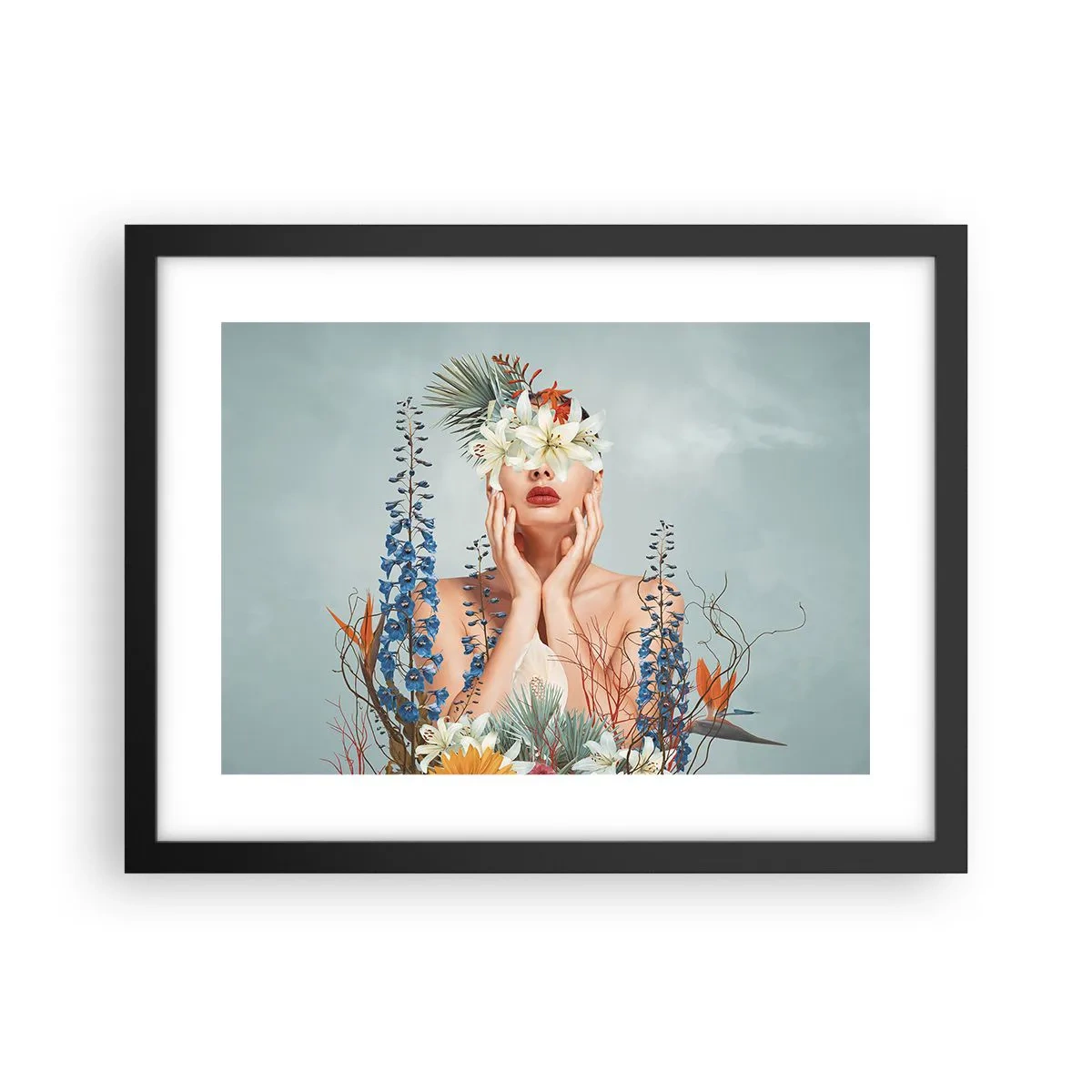 Plakat w czarnej ramie - Kobieta – kwiat - 40x30 cm