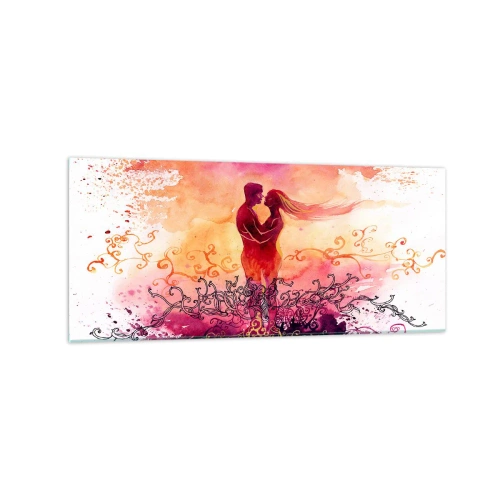 Obraz na szkle - Para w objęciach na tle abstrakcyjnego różowo-pomarańczowego wzoru - 120x50cm - Jednego serca! Tak mało mi trzeba… - Nowoczesna dekoracja ścienna do salonu i sypialni ARTTOR