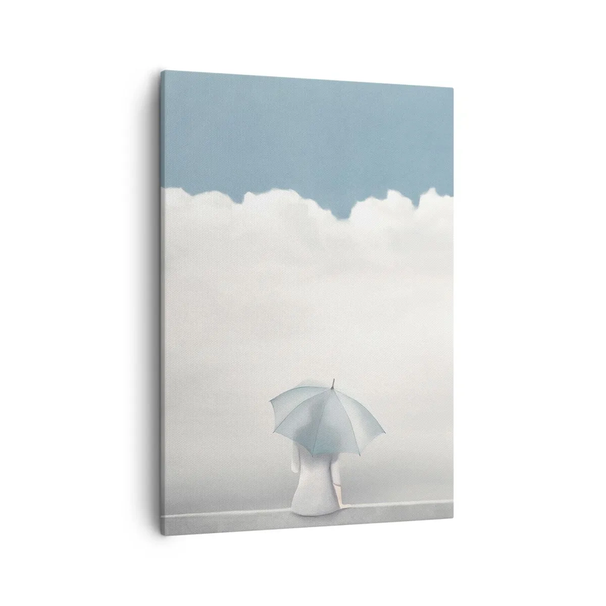 Obraz na płótnie - Postać z jasnym parasolem siedząca na krawędzi chmur - 50x70cm - Na krawędzi jawy i marzenia - Nowoczesna dekoracja ścienna do salonu, kuchni i sypialni ARTTOR