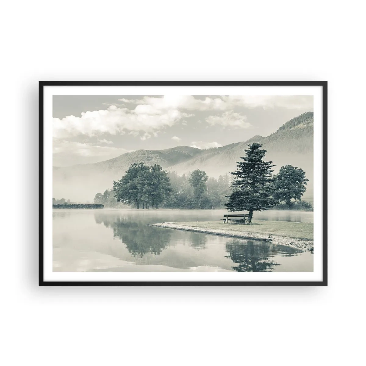 Plakat w czarnej ramie - Malownicze jezioro z ławką i mgłą w tle - 100x70cm - Jezioro jeszcze śpi - Nowoczesna dekoracja ścienna do salonu i sypialni ARTTOR