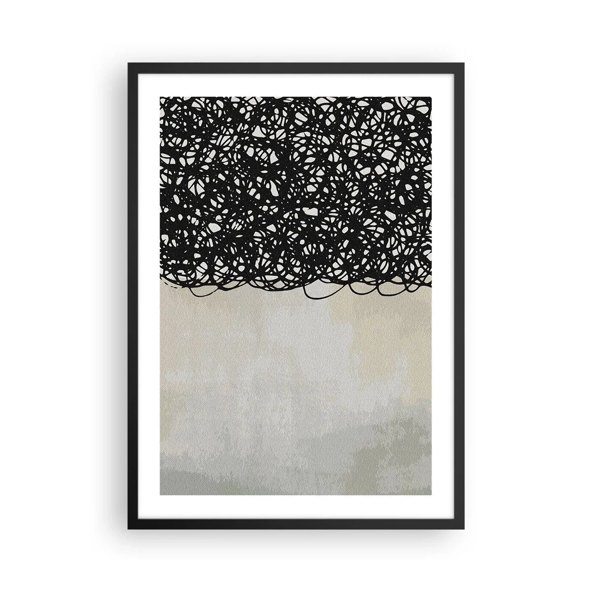 Plakat w czarnej ramie - Abstrakcyjna kompozycja z czarnymi liniami na jasnym tle - 50x70cm - Abstrakcja skłębiona - Nowoczesna dekoracja ścienna do salonu i sypialni ARTTOR
