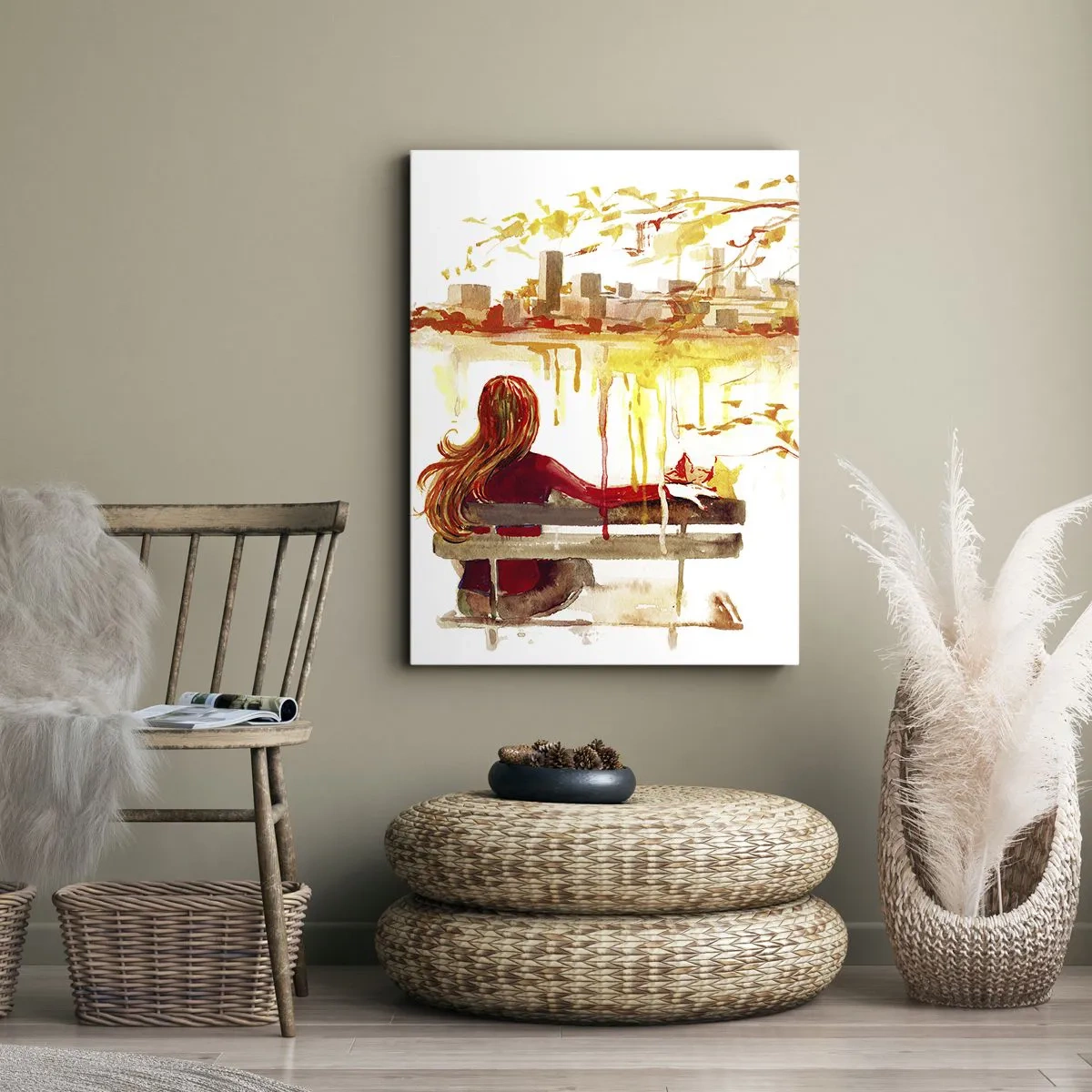 Obraz na płótnie - Akwarelowa scena kobiety na ławce z widokiem na miasto - 80x120cm - Chwila zadumy - Nowoczesna dekoracja ścienna do salonu i sypialni ARTTOR