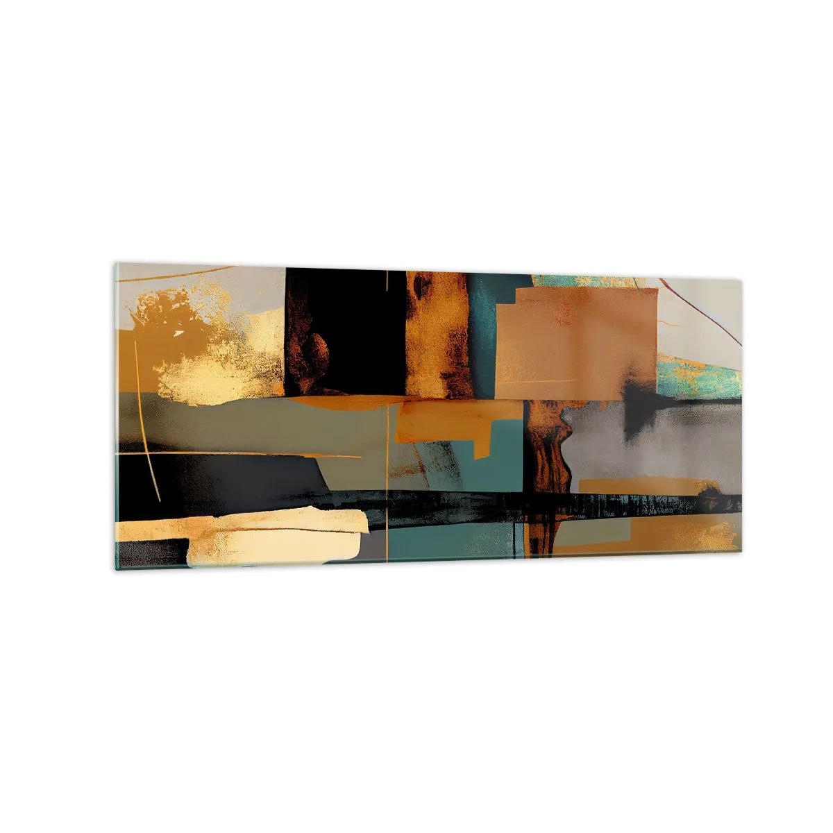 Obraz na szkle - Abstrakcyjna kompozycja z elementami złota i turkusu - 120x50cm - Abstrakcja – światło i cień - Nowoczesna dekoracja ścienna do salonu i sypialni ARTTOR