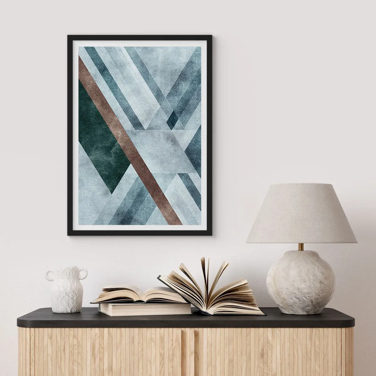Plakat w czarnej ramie - Geometryczna kompozycja w odcieniach niebieskiego i brązu - 50x70cm - Wyszukana elegancja geometrii - Nowoczesna dekoracja ścienna do salonu i sypialni ARTTOR