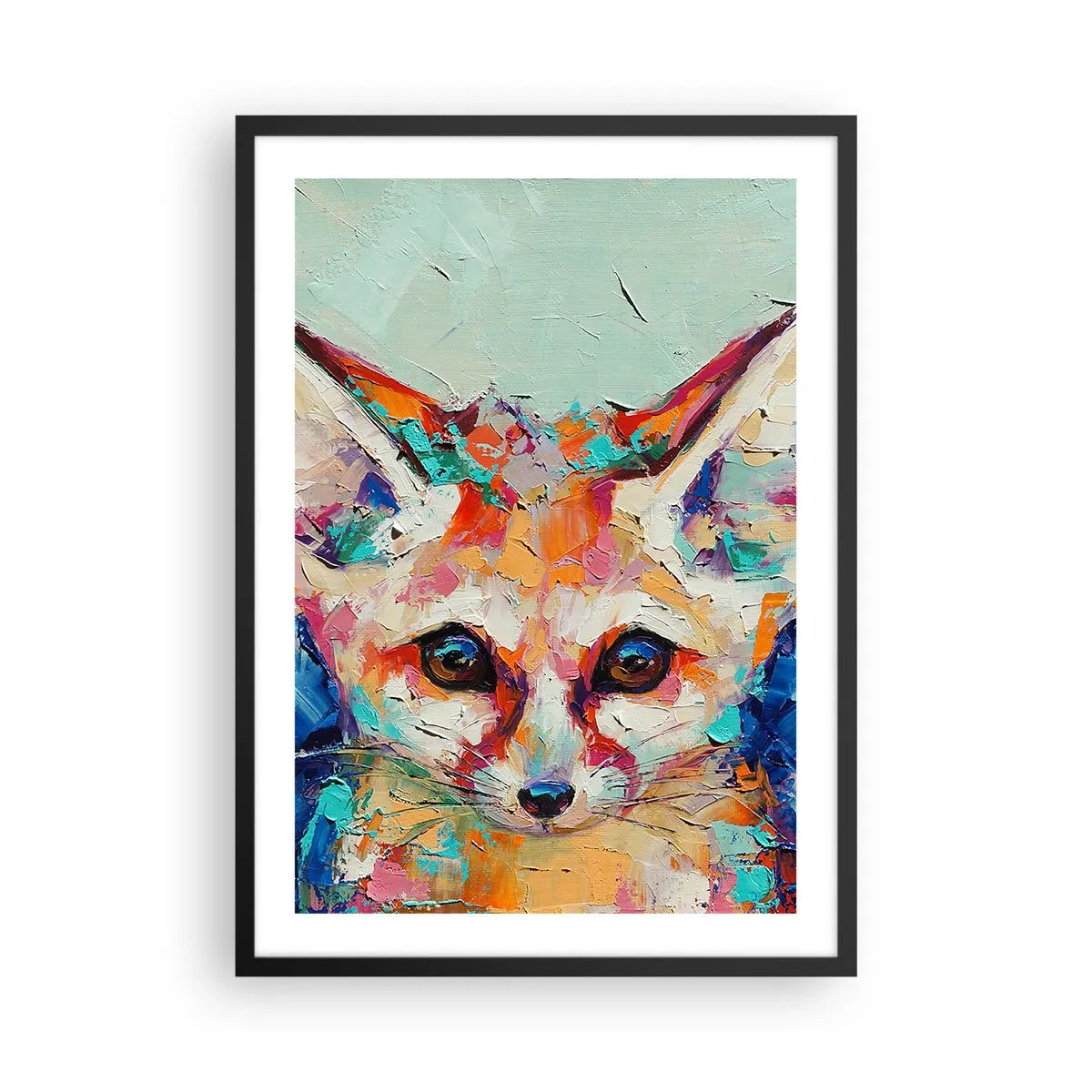 Plakat w czarnej ramie - Kolorowy abstrakcyjny portret lisa z wyrazistym spojrzeniem - 50x70cm - Jesteście na mnie gotowi? - Nowoczesna dekoracja ścienna do salonu i sypialni ARTTOR