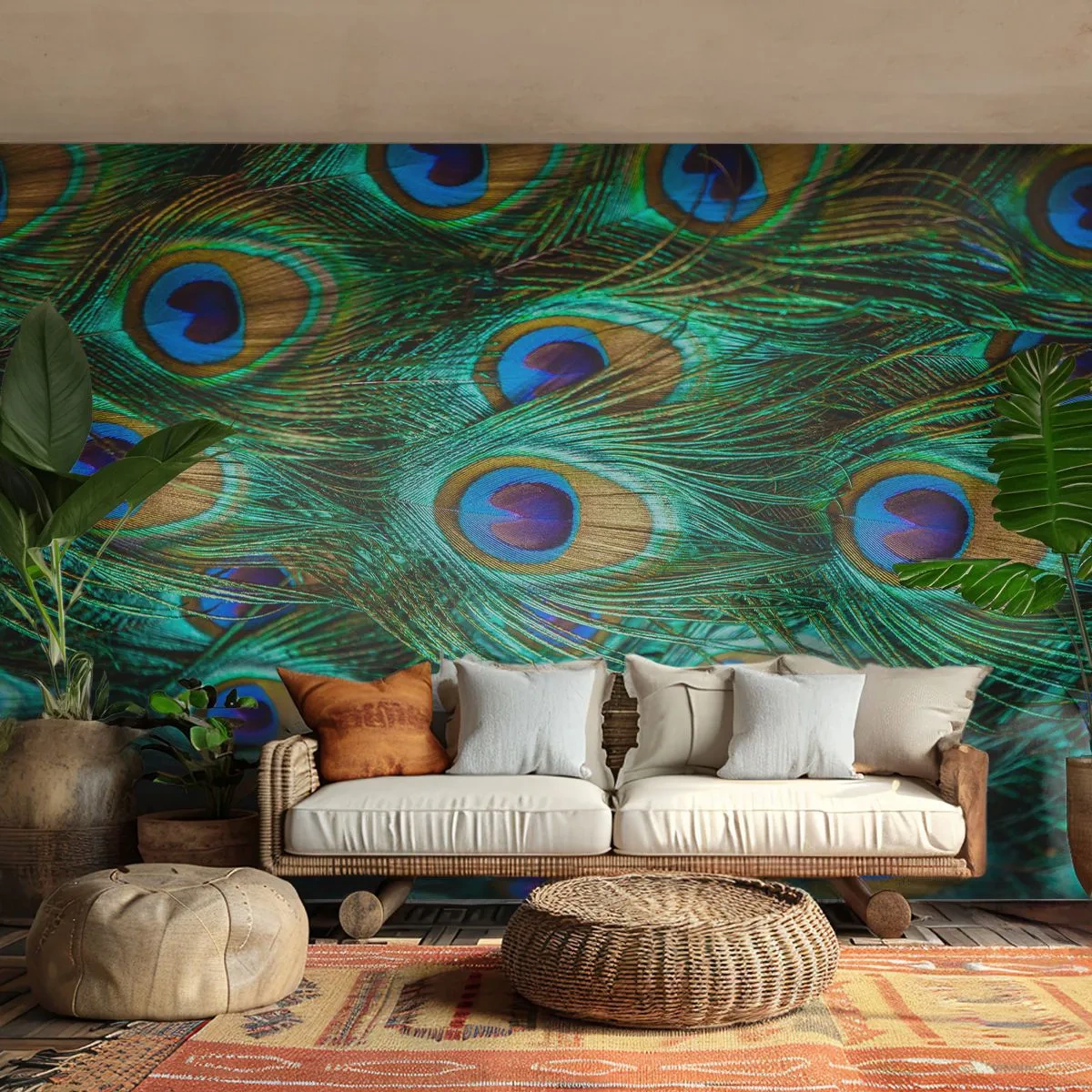 Fototapeta Premium Sand - Detal piór pawia z wyrazistym wzorem oka i barwami - 100x70cm - Pawiookie spojrzenie - Nowoczesna dekoracja ścienna do salonu, kuchni i sypialni ARTTOR