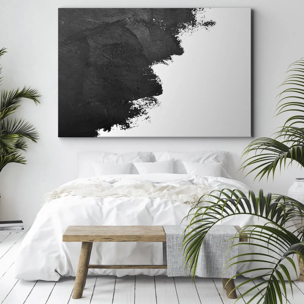 Obraz na płótnie - Czarno-biała abstrakcja z kontrastowymi pociągnięciami pędzla - 70x50cm - Żywioły: ziemia - Nowoczesna dekoracja ścienna do salonu i sypialni ARTTOR