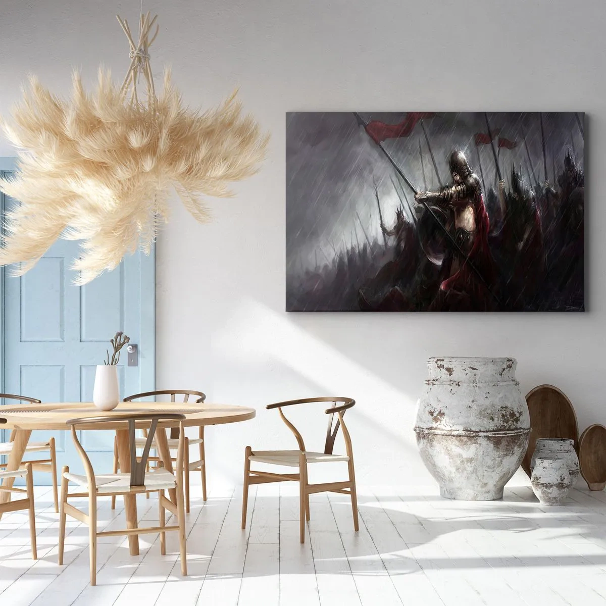 Obraz na płótnie - Rycerze w deszczu maszerujący na pole bitwy - 120x80cm - Przechodniu, powiedz Sparcie… - Nowoczesna dekoracja ścienna do salonu, kuchni i sypialni ARTTOR