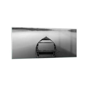 Obraz na szkle - Samotna łódź na spokojnym jeziorze w odcieniach czarno-białych - 120x50cm - Tęsknota i melancholia - Nowoczesna dekoracja ścienna do salonu i sypialni ARTTOR