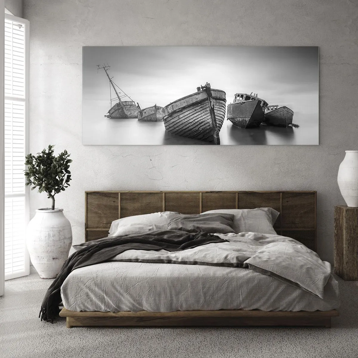 Obraz na szkle - Opuszczone łodzie na spokojnej wodzie - 120x50cm - Już tylko wspomnienia… - Nowoczesna dekoracja ścienna do salonu i sypialni ARTTOR