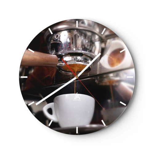 Zegar ścienny - Zbliżenie ekspresu do kawy z filiżanką espresso - 30x30cm - Dobra chwila dnia - Nowoczesna dekoracja ścienna do salonu, kuchni i sypialni ARTTOR
