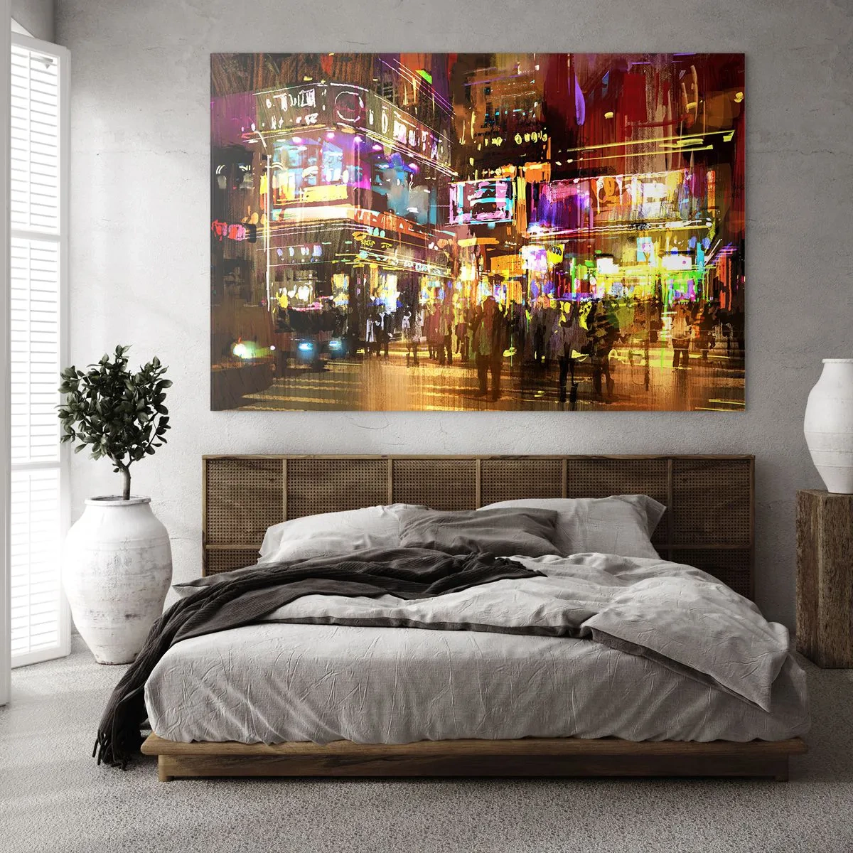 Obraz na szkle - Tętniące życiem miasto w świetle neonów - 100x70cm - W morzu światła - Nowoczesna dekoracja ścienna do salonu, kuchni i sypialni ARTTOR