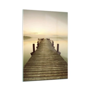 Obraz na szkle - Drewniany pomost na spokojnym jeziorze o świcie - 50x70cm - Przedświt, świtanie, światło - Nowoczesna dekoracja ścienna do salonu, kuchni i sypialni ARTTOR