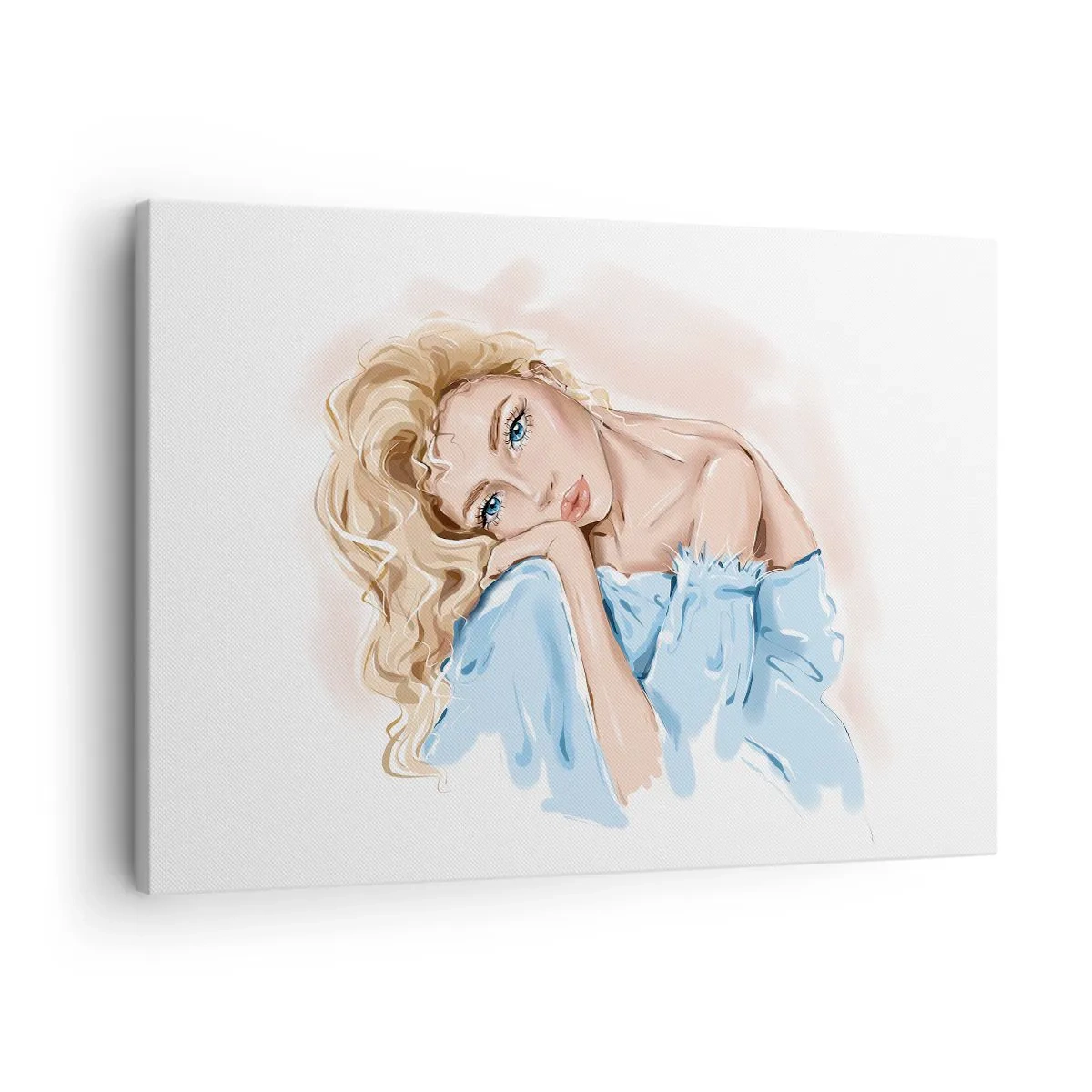 Obraz na płótnie - Portret kobiety w błękitnej sukni z blond włosami - 70x50cm - Rozmarzona w błękicie - Nowoczesna dekoracja ścienna do salonu i sypialni ARTTOR