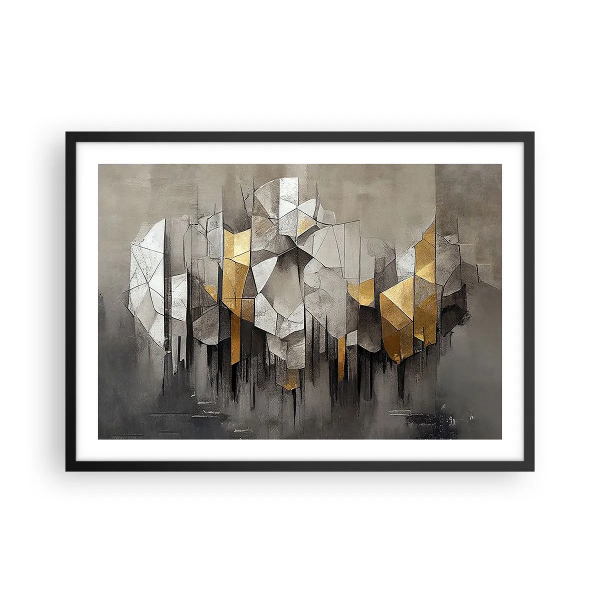 Plakat w czarnej ramie - Geometryczna abstrakcja w odcieniach złota i szarości - 70x50cm - Kompozycja z lodu i światła - Nowoczesna dekoracja ścienna do salonu i sypialni ARTTOR