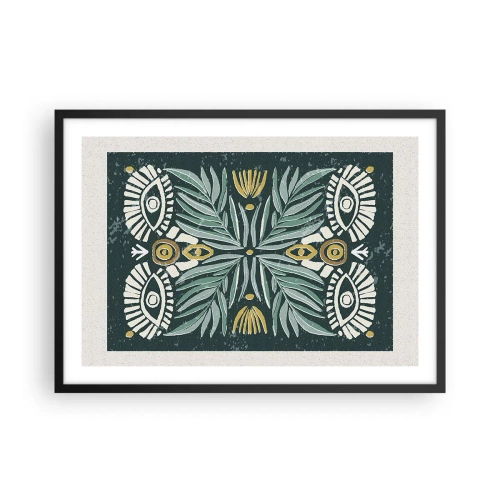 Plakat w czarnej ramie - Symetryczny wzór roślinny na zielonym tle - 70x50cm - Jak ludowa wycinanka - Nowoczesna dekoracja ścienna do salonu i sypialni ARTTOR