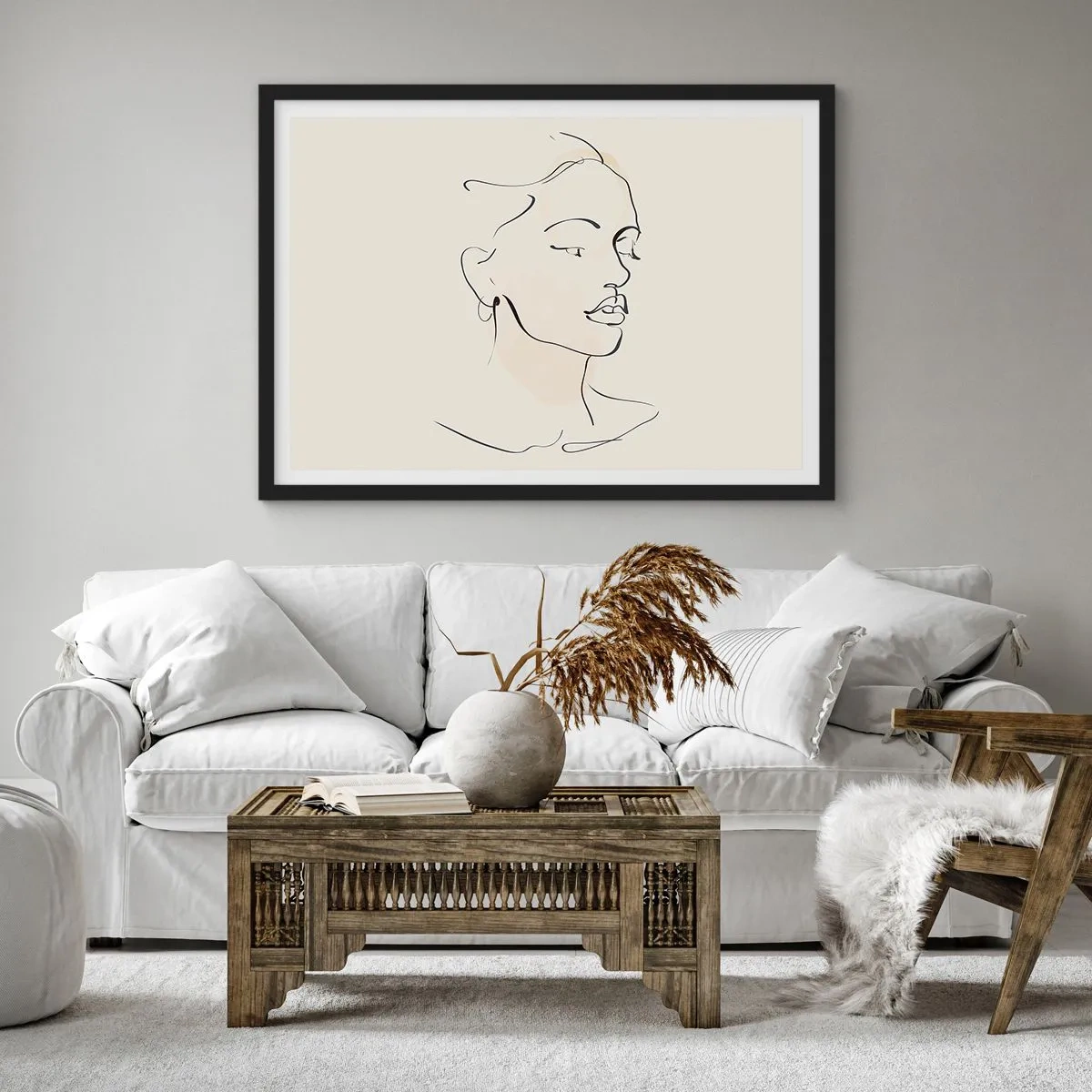 Plakat w czarnej ramie - Delikatny szkic kobiecej twarzy na jasnym tle - 70x50cm - Pewną kreską - Nowoczesna dekoracja ścienna do salonu i sypialni ARTTOR