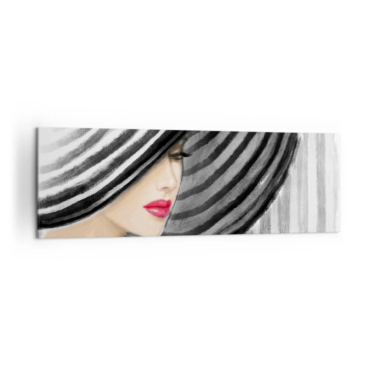 Obraz na płótnie - Kobieta w kapeluszu w czarno-białym stylu z czerwonym akcentem - 160x50cm - Gdzie ciebie szukać? - Nowoczesna dekoracja ścienna do salonu i sypialni ARTTOR