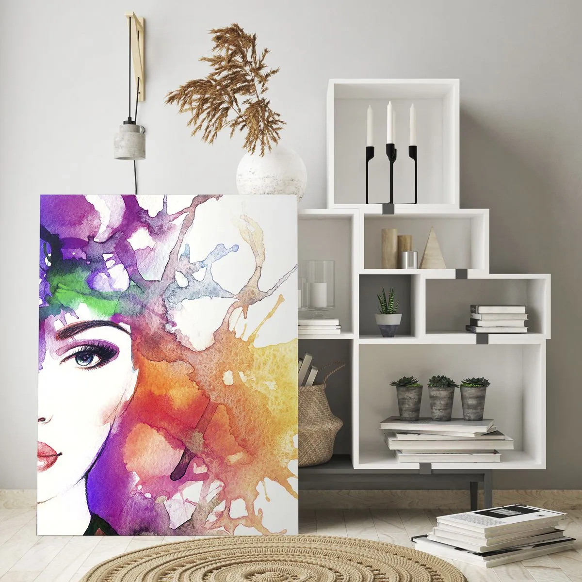 Obraz na szkle - Portret kobiety w akwarelowych barwach z abstrakcyjnymi plamami - 70x100cm - Z głową w chmurach - Nowoczesna dekoracja ścienna do salonu i sypialni ARTTOR