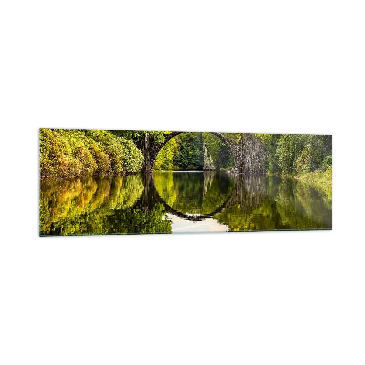 Obraz na szkle - Kamienny most nad rzeką z perfekcyjnym odbiciem w wodzie - 160x50cm - Na styku dwóch światów - Nowoczesna dekoracja ścienna do salonu i sypialni ARTTOR
