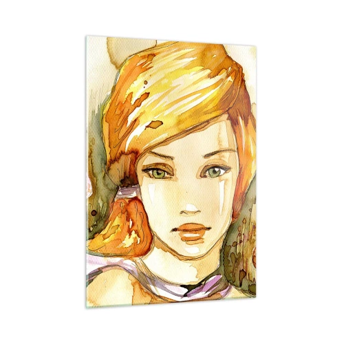 Obraz na szkle - Portret kobiety w stylu akwarelowym z abstrakcją - 50x70cm - Szmaragdowe spojrzenie, co ucisza gniew - Nowoczesna dekoracja ścienna do salonu, kuchni i sypialni ARTTOR