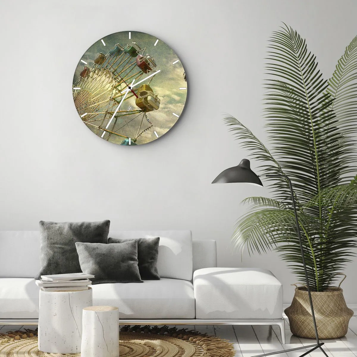 Zegar ścienny - Kolorowy diabelski młyn na tle nieba w stylu retro - 30x30cm - Będzie, będzie zabawa… - Nowoczesna dekoracja ścienna do salonu, kuchni i sypialni ARTTOR